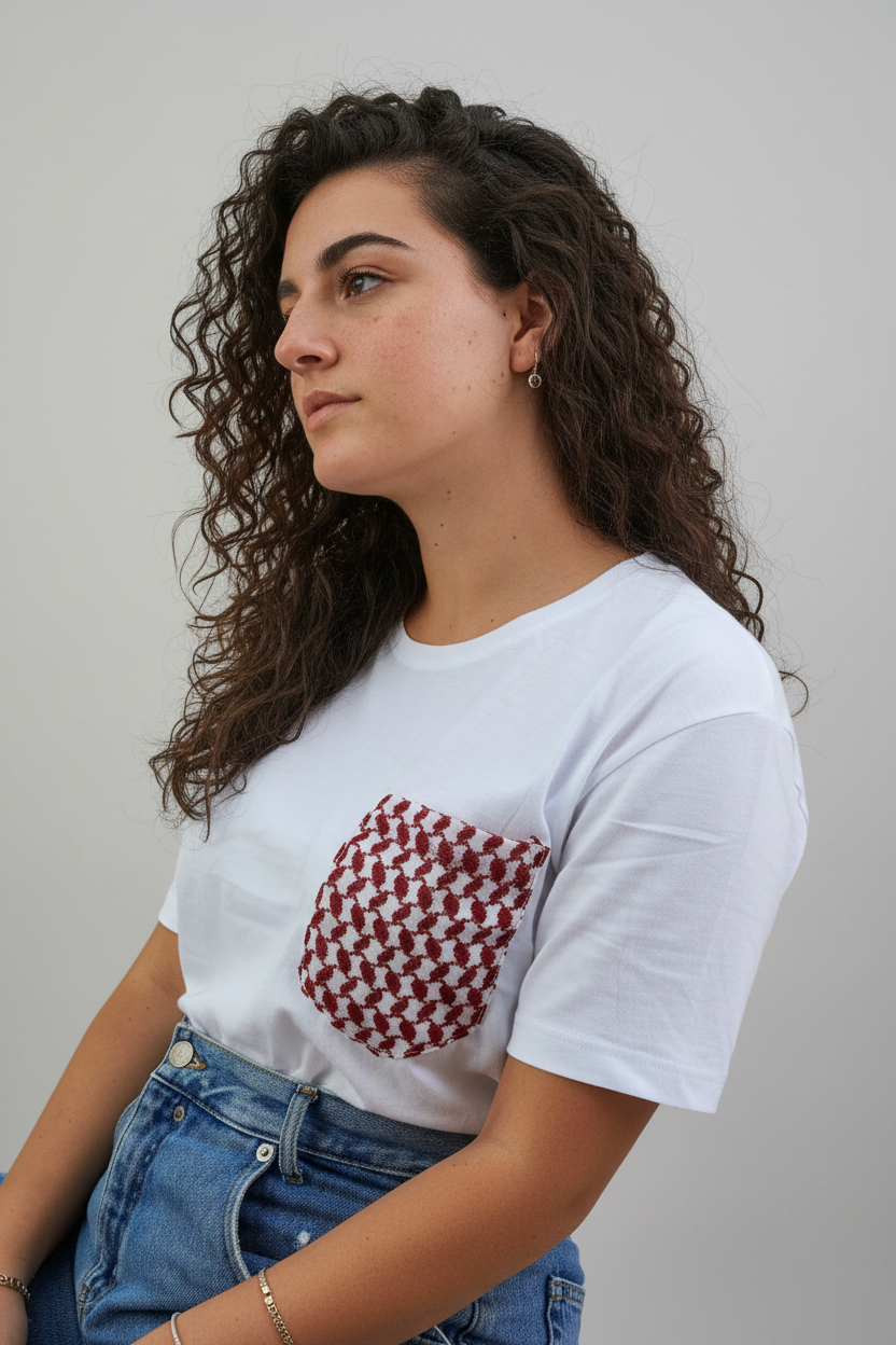 Shmagh pocket on white Tshirt