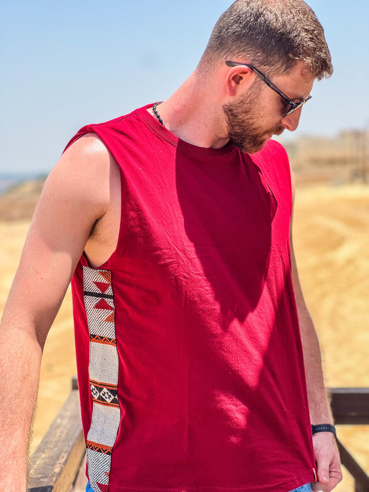 Bassem Side-strips on Red sleeveless shirt